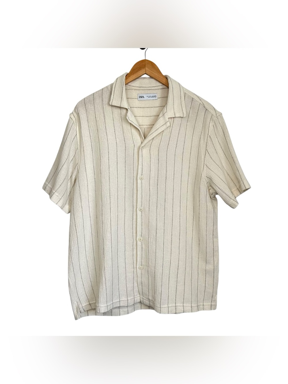 Zara Mens Striped Collard Striped Button Up Shirt Sz Large Beige Short Sleeve